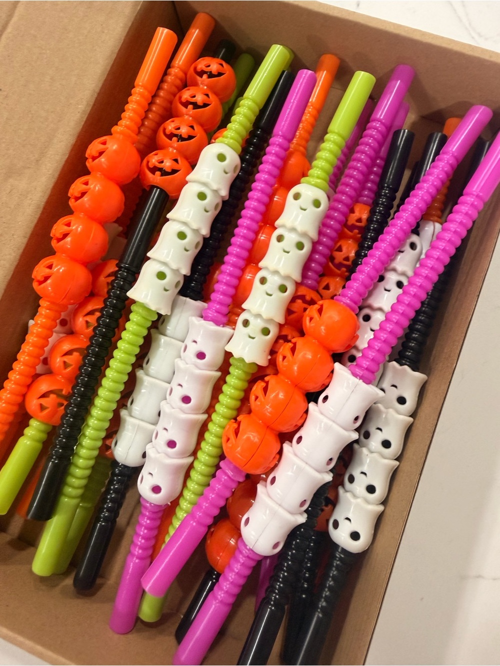 Halloween Skull & Pumpkin Party Straws - White, Orange, Pink, Green, Black